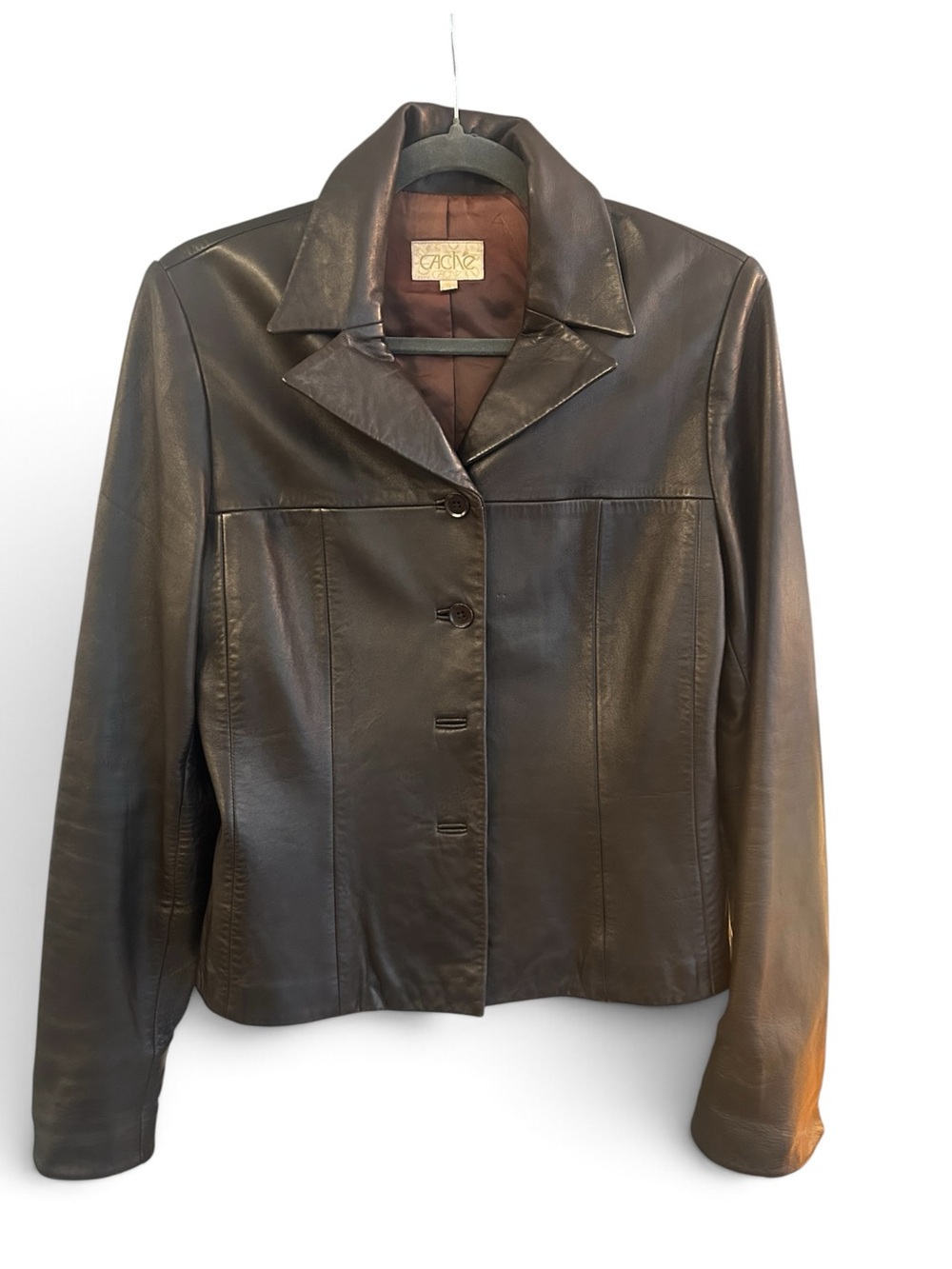 Cache Vintage Chocolate Brown Leather Button-Front Jacket